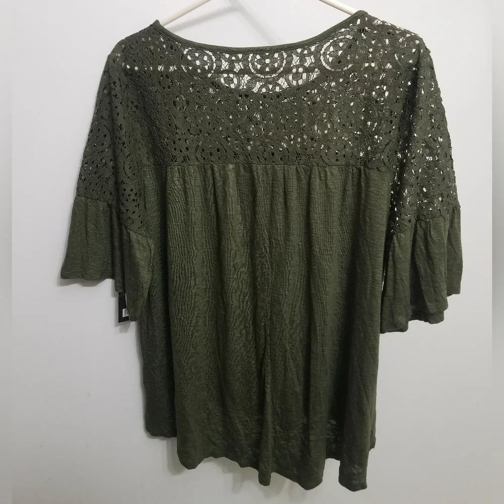 Color 2/3: rich avocado bell sleeve w lace A New Approach top - Picture 5 of 5